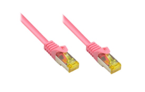 Good Connections RJ45 Patchkabel mit Cat. 7 Rohkabel und Rastnasenschutz (RNS) - S/FTP - PiMF - halogenfrei - 500MHz - OFC - magenta - 0,25m - (4014619774265)