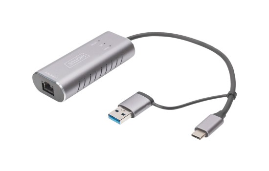 DIGITUS USB Type-C Gigabit Ethernet Adapter 2.5G, USB-C + USB A (USB3.1/3.0) - (4016032473572)