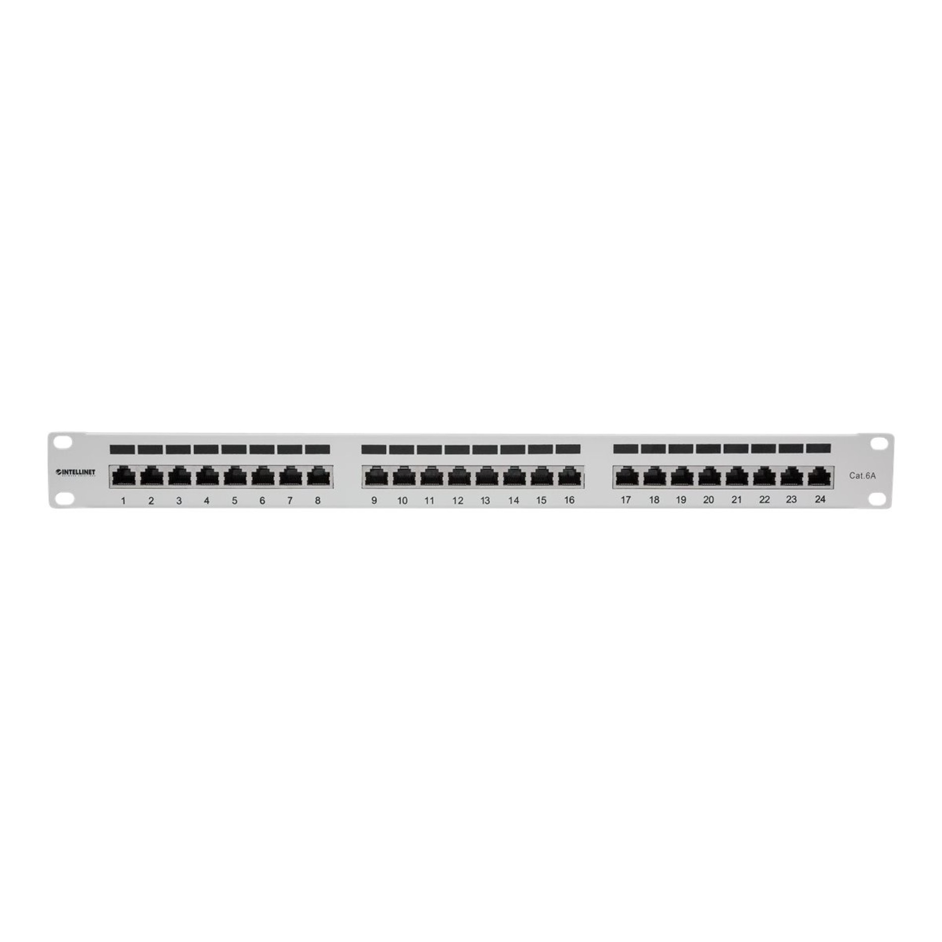 Intellinet 24-Port Cat6a Patchpanel, geschirmt, 24 Ports, FTP, 1 HE, Klemmleisten mit 90 Grad abgewinkelten Kabeleinführungen, grau - Patch Panel - RJ-45 X 24 - Grau - 1U - 48.3 cm (19`) - (0766623720854)