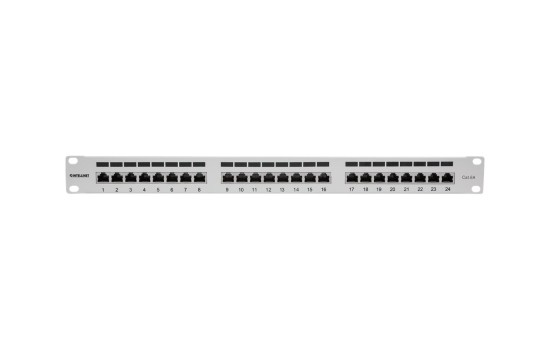 Intellinet 24-Port Cat6a Patchpanel, geschirmt, 24 Ports, FTP, 1 HE, Klemmleisten mit 90 Grad abgewinkelten Kabeleinführungen, grau - Patch Panel - RJ-45 X 24 - Grau - 1U - 48.3 cm (19`) - (0766623720854)