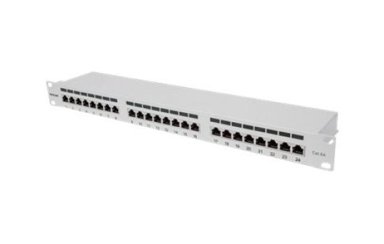 Intellinet 24-Port Cat6a Patchpanel, geschirmt, 24 Ports, FTP, 1 HE, Klemmleisten mit 90 Grad abgewinkelten Kabeleinführungen, grau - Patch Panel - RJ-45 X 24 - Grau - 1U - 48.3 cm (19`) - (0766623720854)